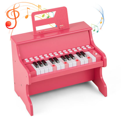 Wooden Kids Piano Keyboard 25 Keys Digital Piano in pink with a music stand and musical notes above