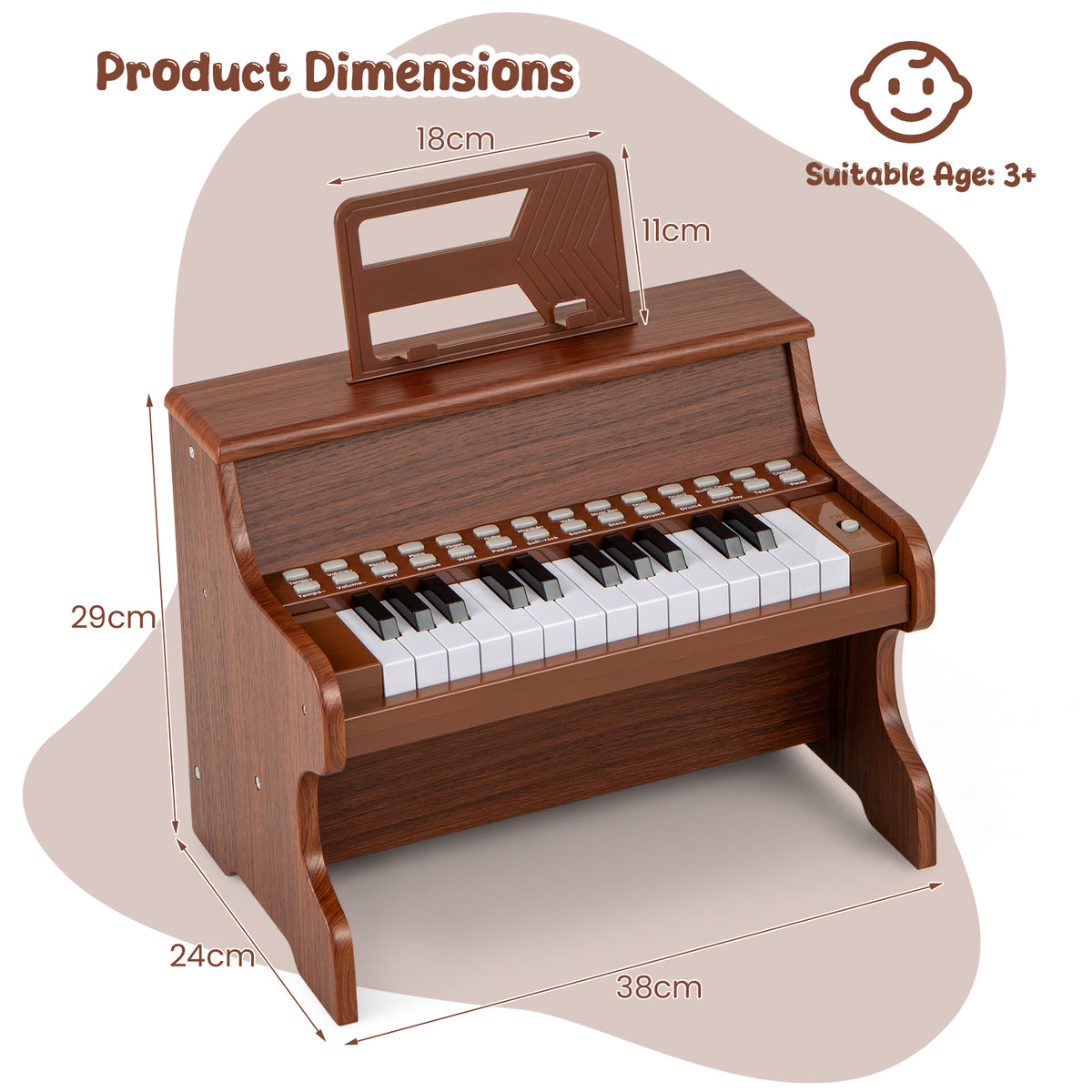The digital piano showing height and width measurements on a soft brown background