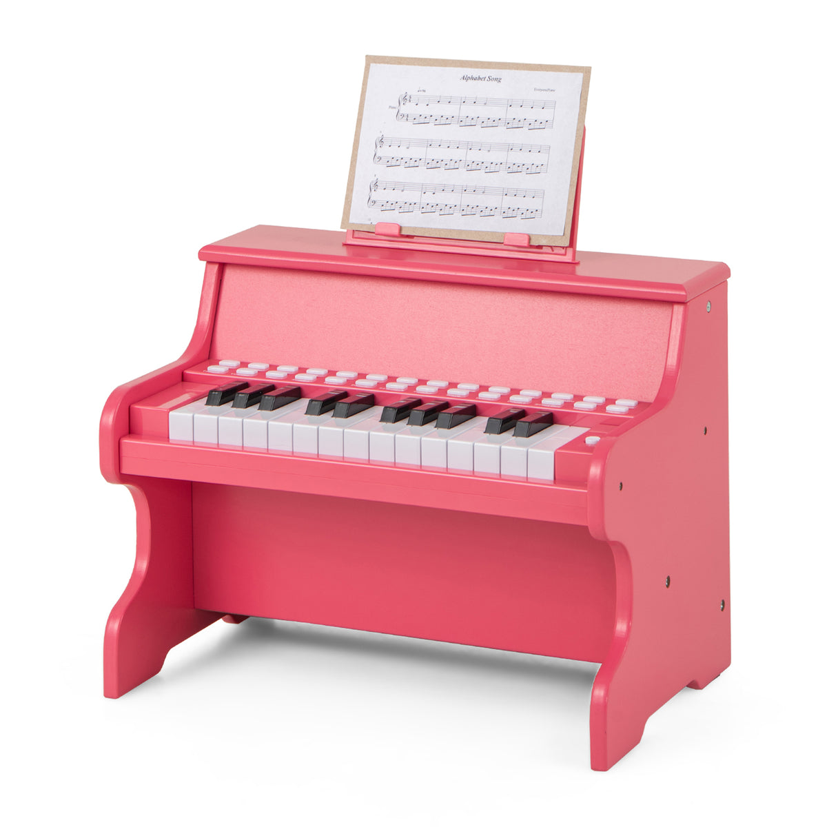 The pink wooden kids piano keyboard with a music stand and 25 keys