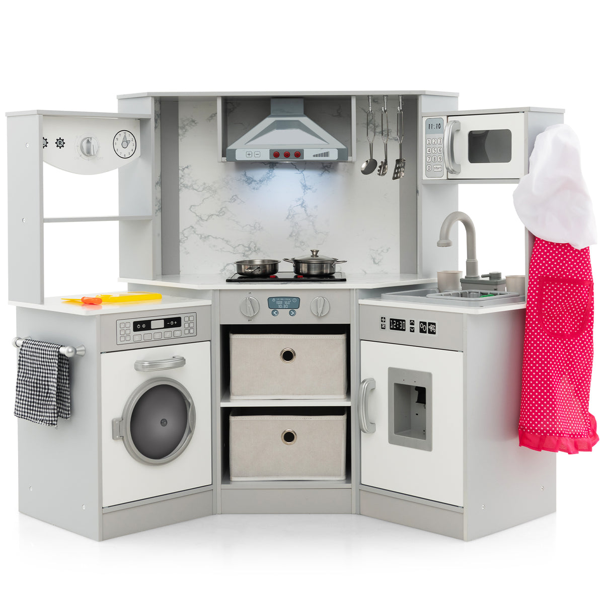 The play kitchen set showing the marble effect splashback and hanging kitchen utensils