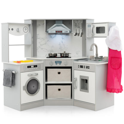 The play kitchen set showing the marble effect splashback and hanging kitchen utensils