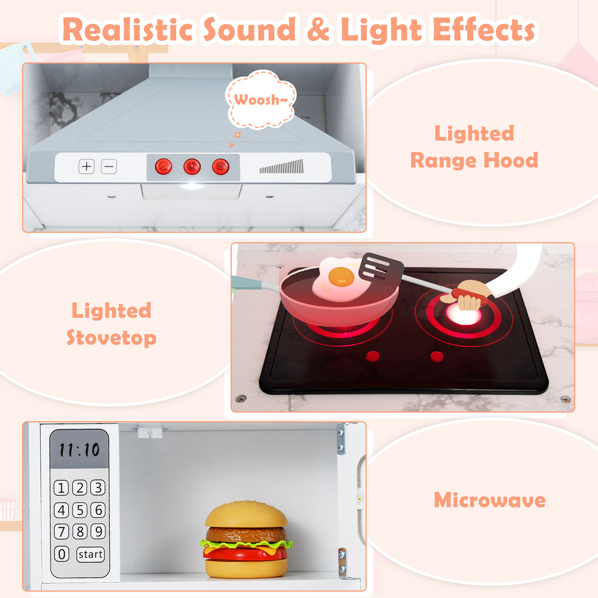 Close-up of the features of the white wooden play kitchen set including lights