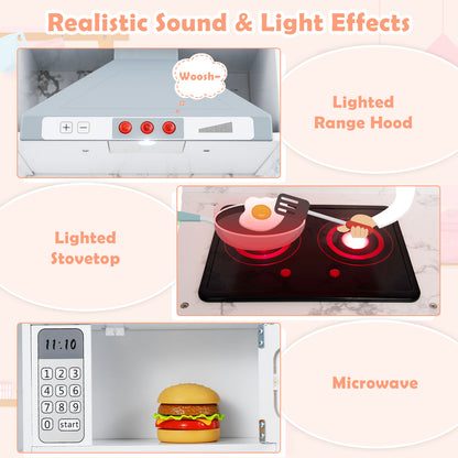 Close-up of the features of the white wooden play kitchen set including lights