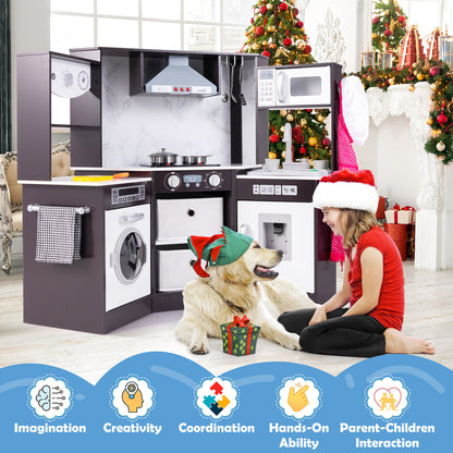 The play kitchen set in a festive room with Christmas decorations