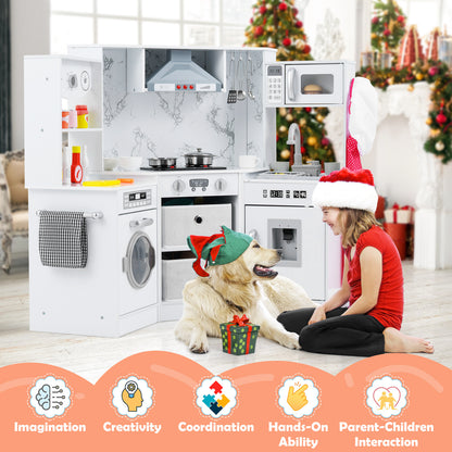 A girl and a dog with the white wooden play kitchen corner set at Christmas