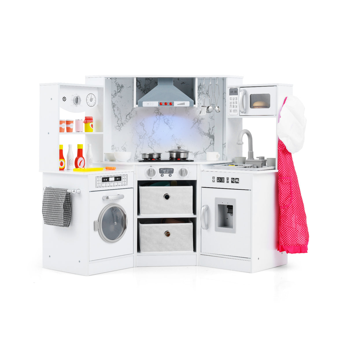 Wooden Kids Play Kitchen Corner with lights and water circulation system in white