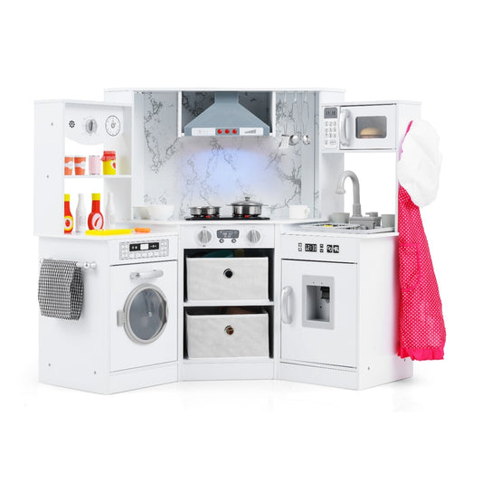 Wooden Kids Play Kitchen Corner with lights and water circulation system in white