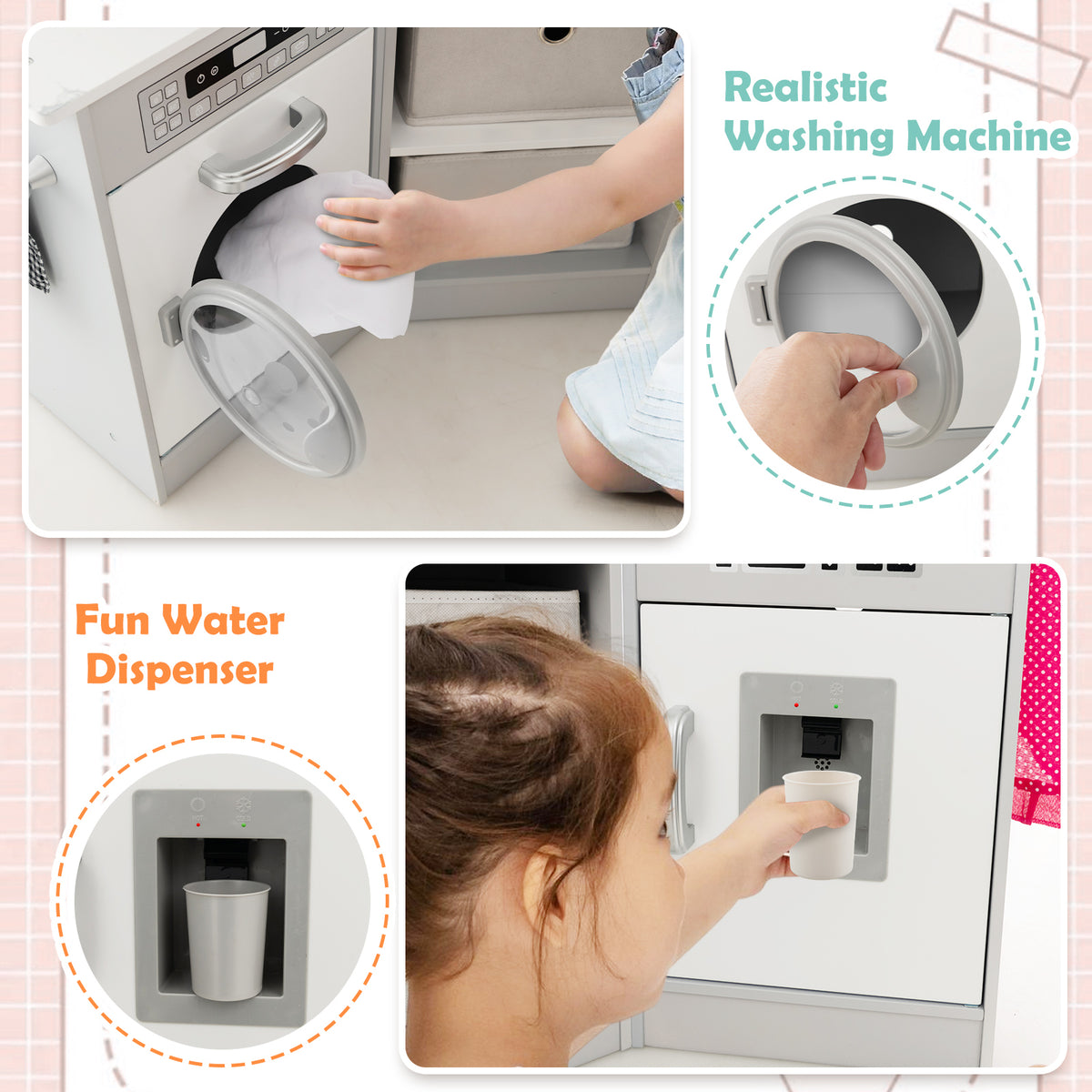 The play kitchen set showing a child using the washing machine door and water dispenser