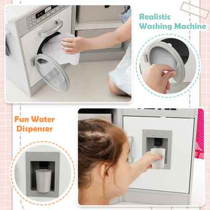 The play kitchen set showing a child using the washing machine door and water dispenser