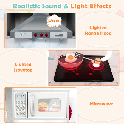 The play kitchen set showing the illuminated range hood, glowing stovetop and microwave