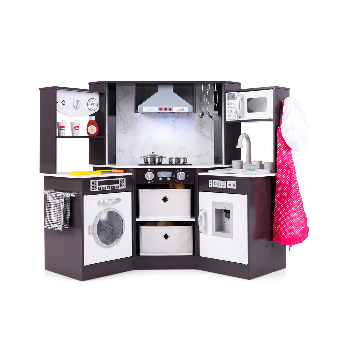 Wooden Kids Play Kitchen Corner, a coffee coloured corner play kitchen with a washing machine, oven, microwave and sink