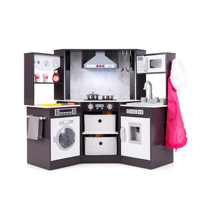 Wooden Kids Play Kitchen Corner, a coffee coloured corner play kitchen with a washing machine, oven, microwave and sink