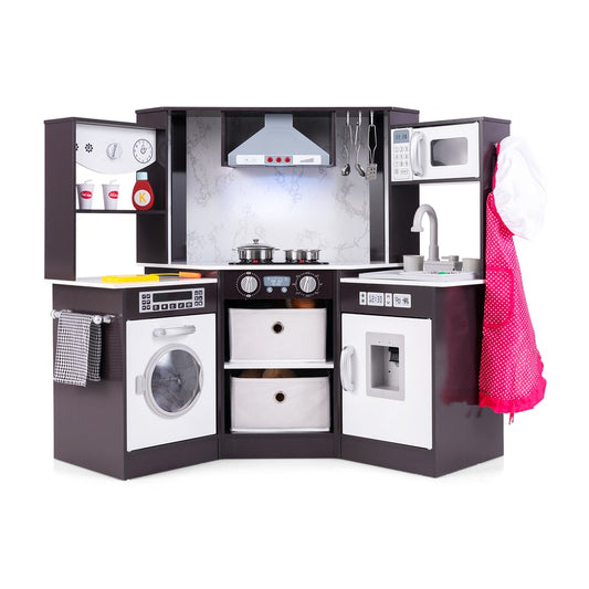 Wooden Kids Play Kitchen Corner, a coffee coloured corner play kitchen with a washing machine, oven, microwave and sink