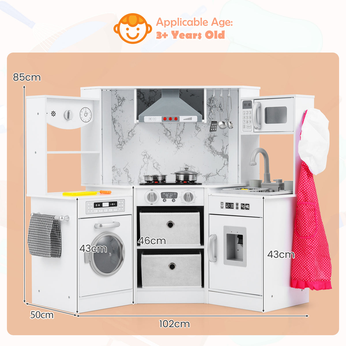 Dimensions of the white wooden play kitchen corner set with appliances