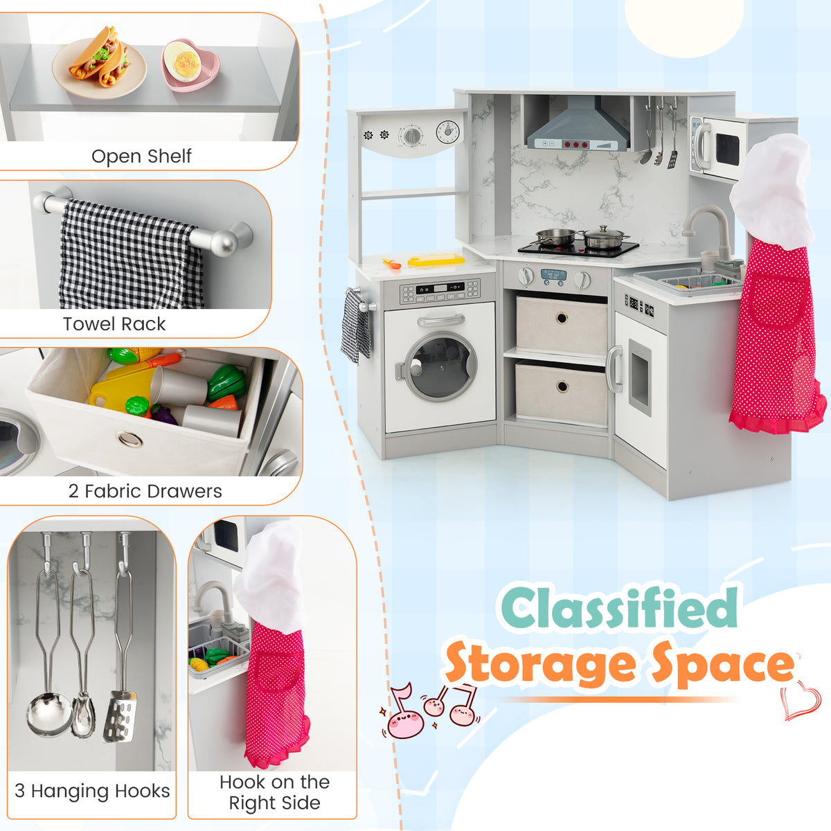 The play kitchen set with callouts highlighting the storage shelves, drawers and hooks