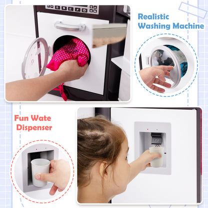 The play kitchen's washing machine and water dispenser in use