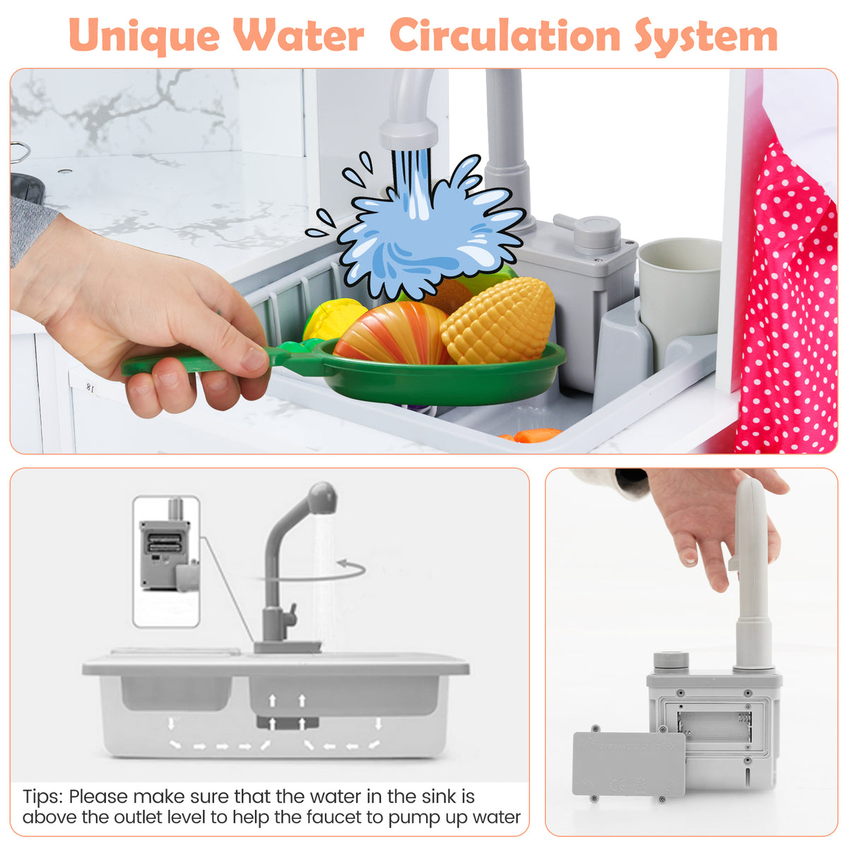 Demonstration of the water circulation system in the white wooden play kitchen