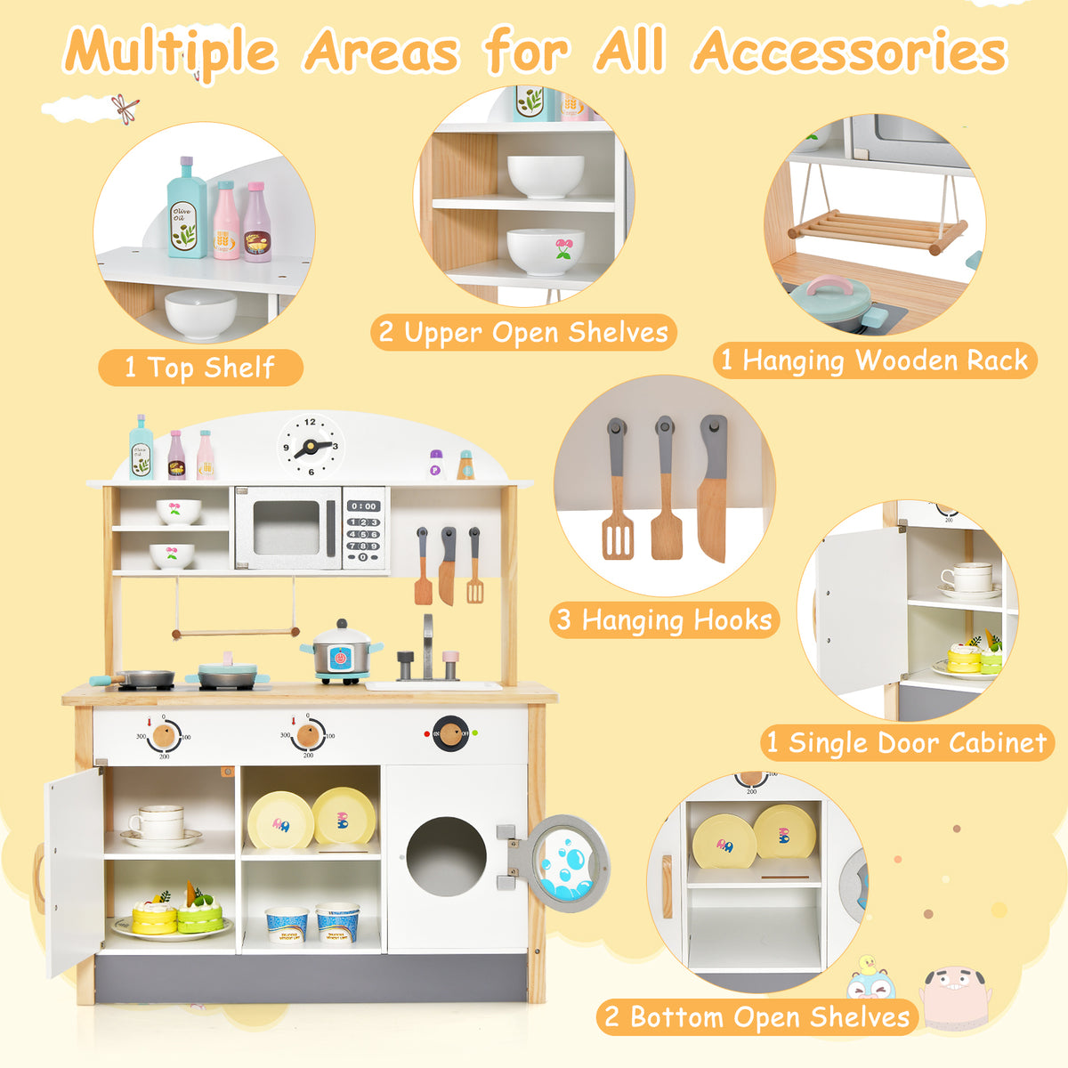 The play kitchen set with microwave and washing machine, showing multiple areas