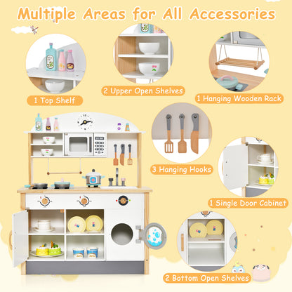 The play kitchen set with microwave and washing machine, showing multiple areas