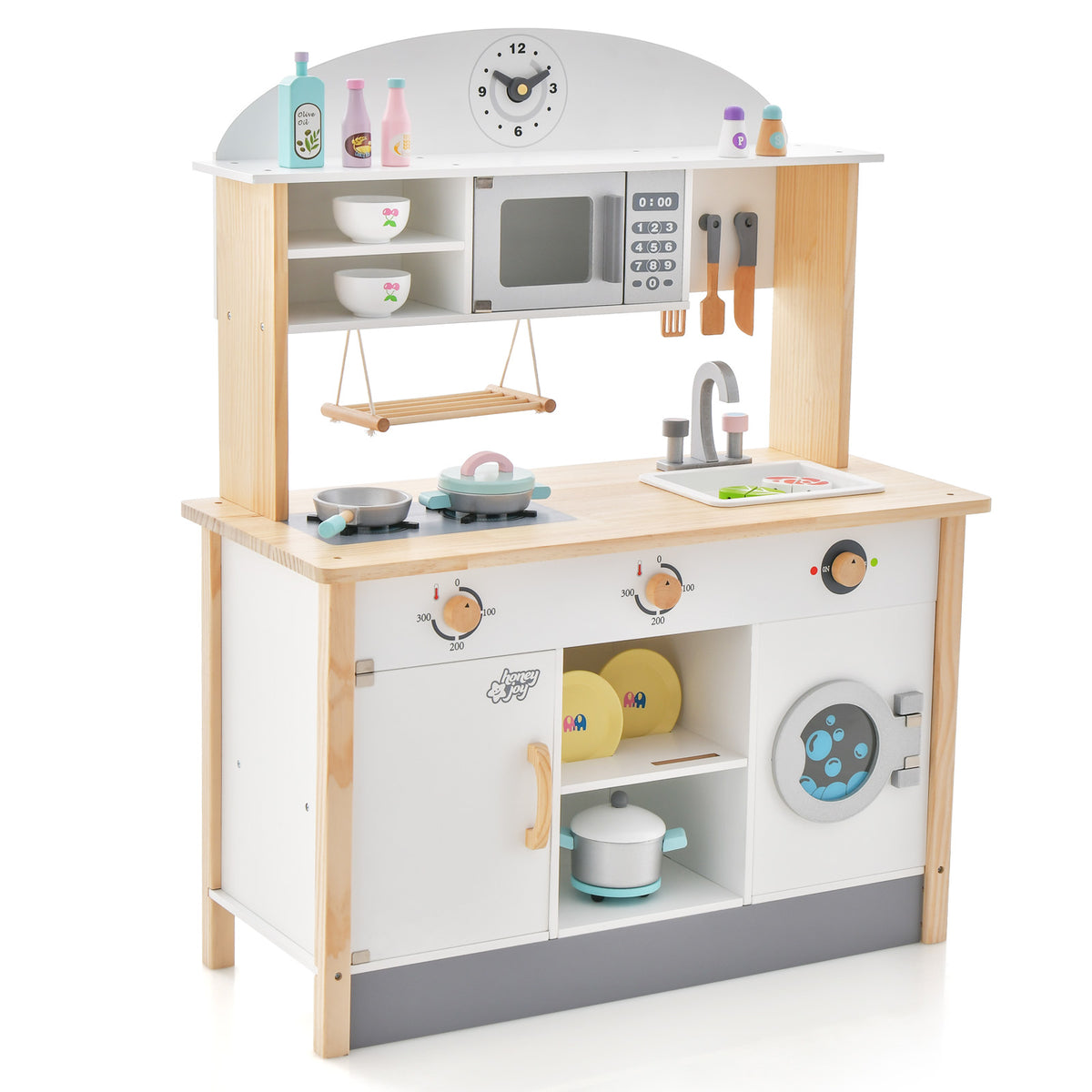 Wooden Kids Play Kitchen Set with microwave oven and washing machine, front view