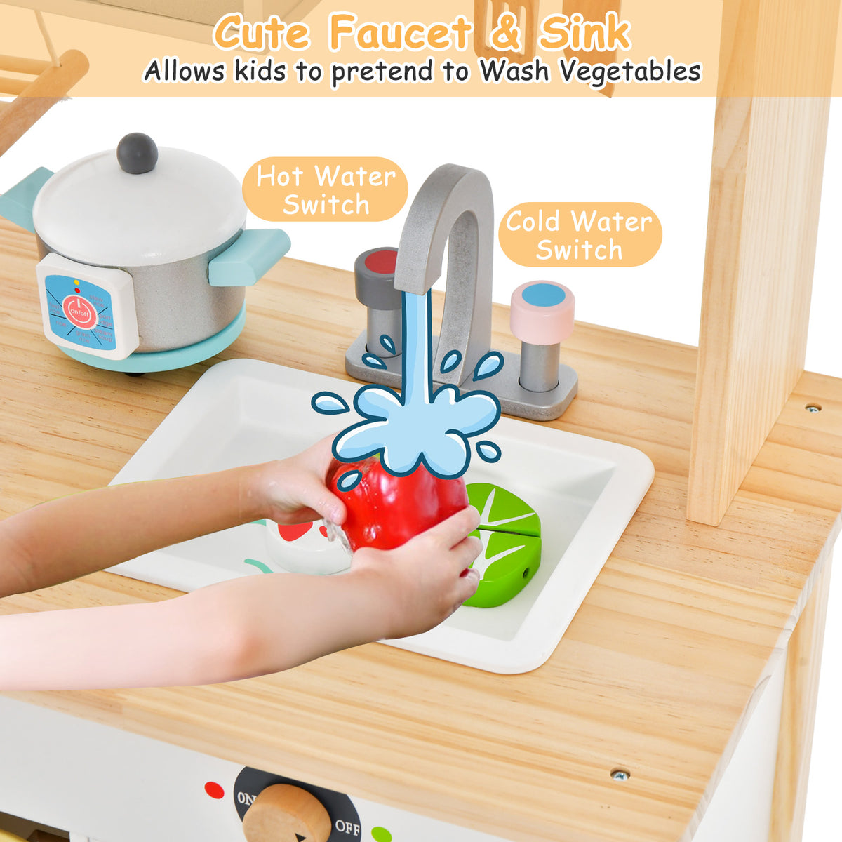 Close up of the play kitchen sink with a child's hand washing a pepper