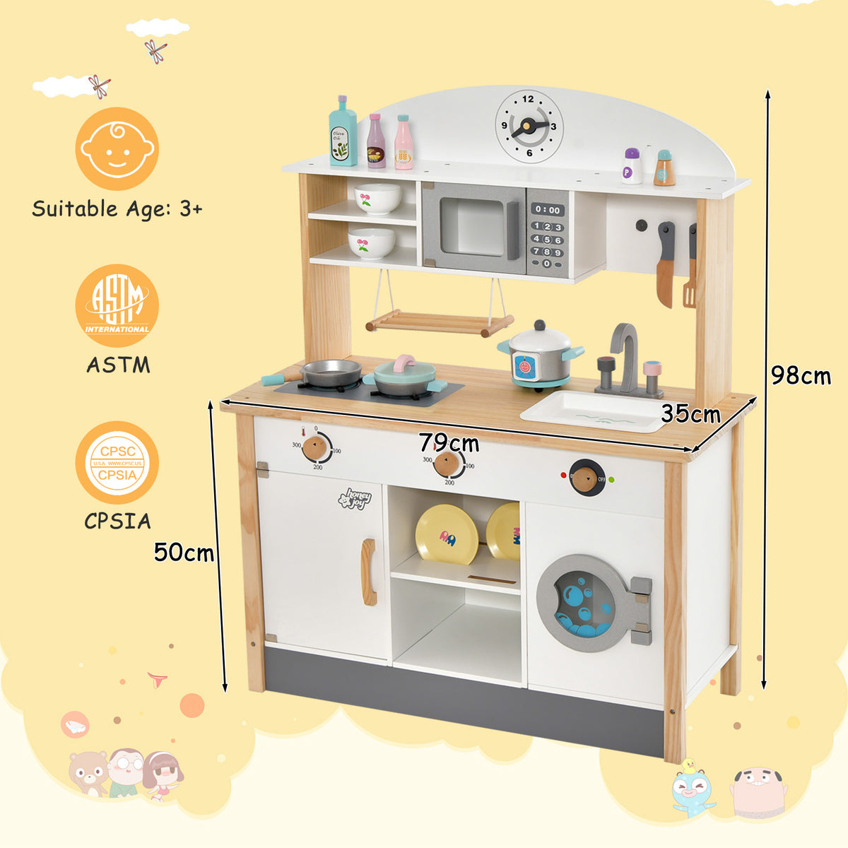 The play kitchen set with microwave and washing machine, with dimensions shown
