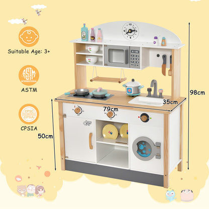 The play kitchen set with microwave and washing machine, with dimensions shown