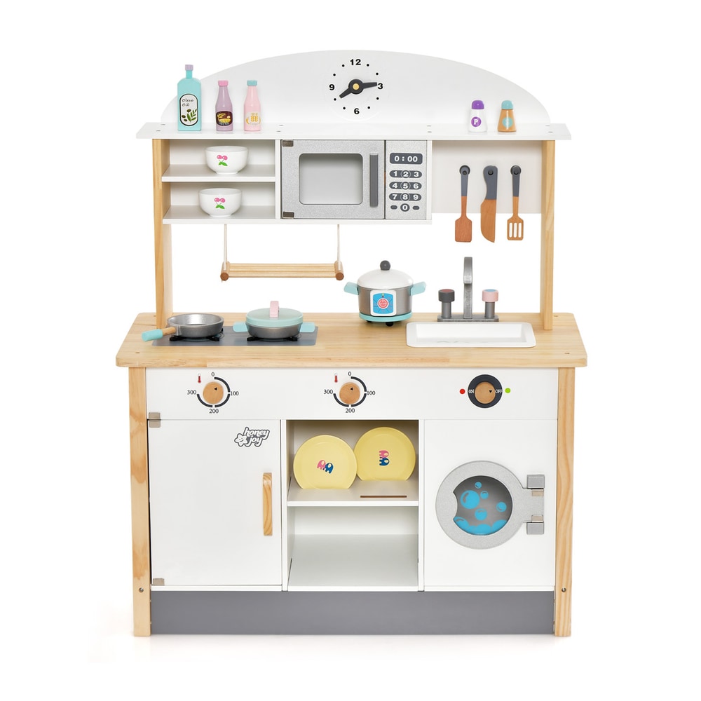 The wooden play kitchen set with microwave and washing machine, studio shot