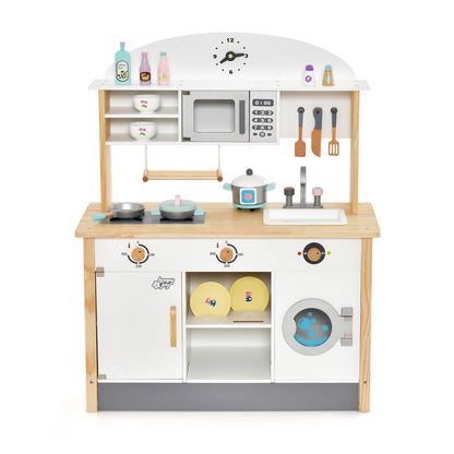 The wooden play kitchen set with microwave and washing machine, studio shot