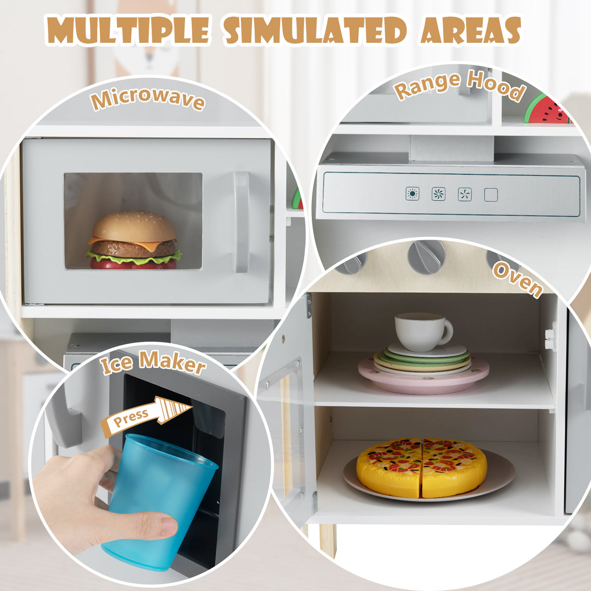 Details of the play kitchen's microwave, range hood, ice maker and shelves