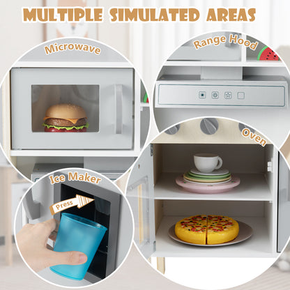 Details of the play kitchen's microwave, range hood, ice maker and shelves