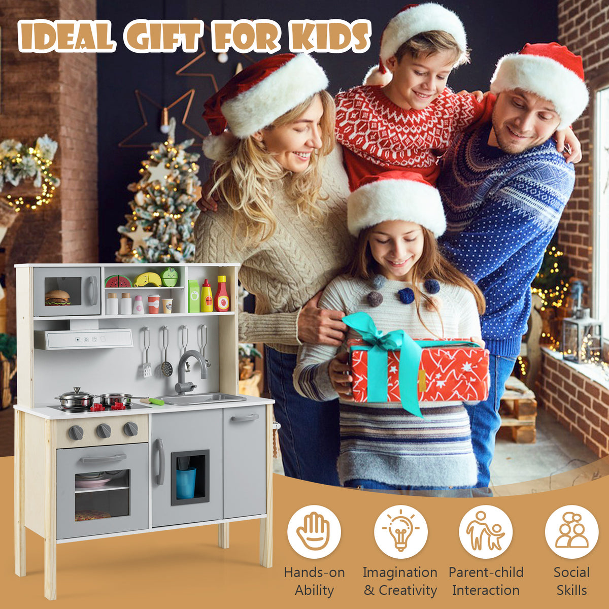 A family giving the grey and white wooden play kitchen set as a gift