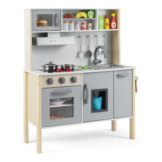 Wooden Kids Play Kitchen Set with Microwave Stoves Oven, a grey and white wooden play kitchen with accessories