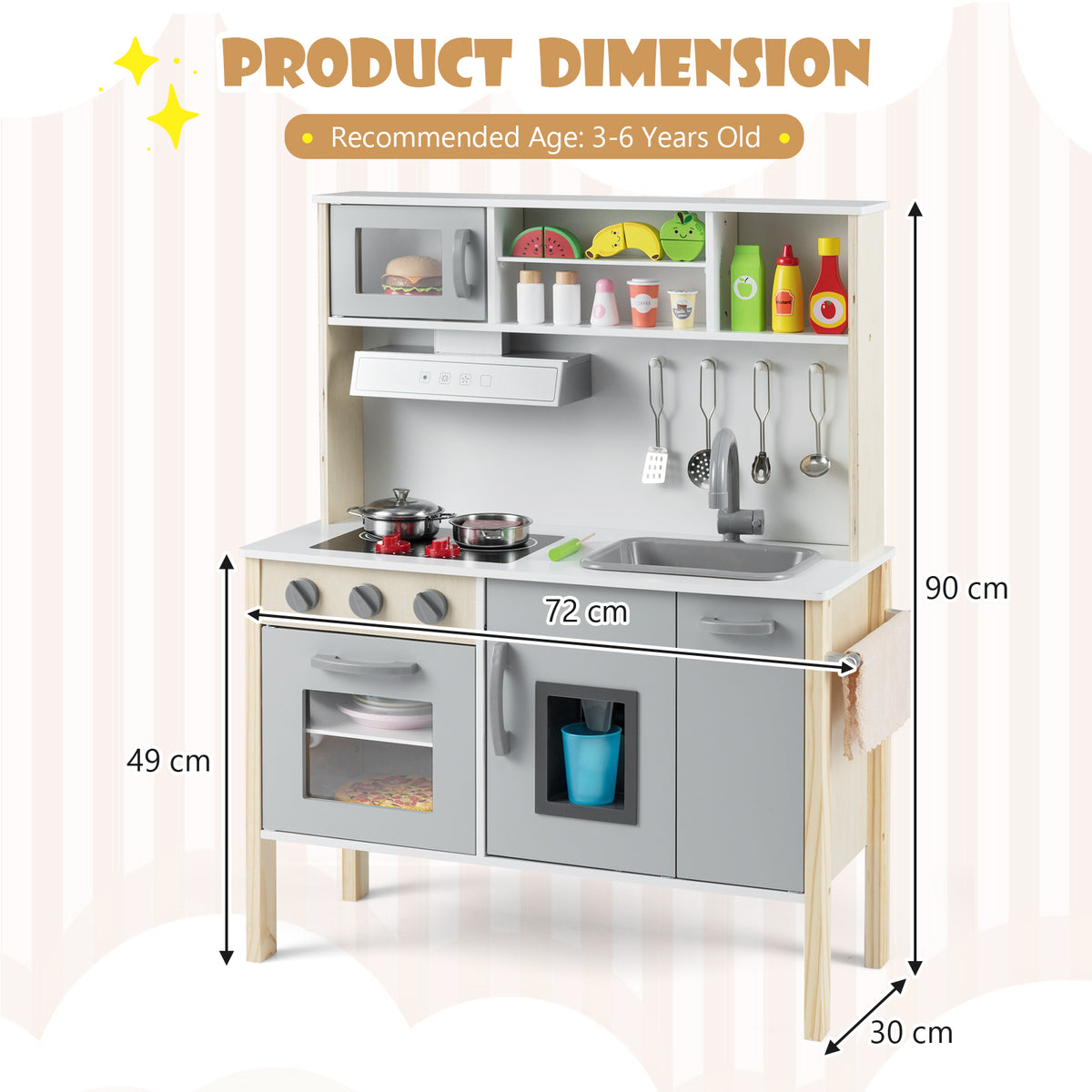 Product dimensions for the grey and white wooden play kitchen set