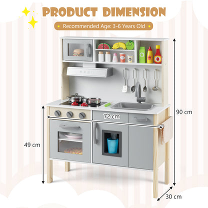 Product dimensions for the grey and white wooden play kitchen set