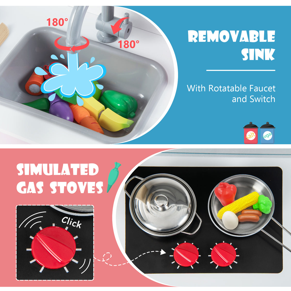 The play kitchen set showing close-ups of the sink and stove burners