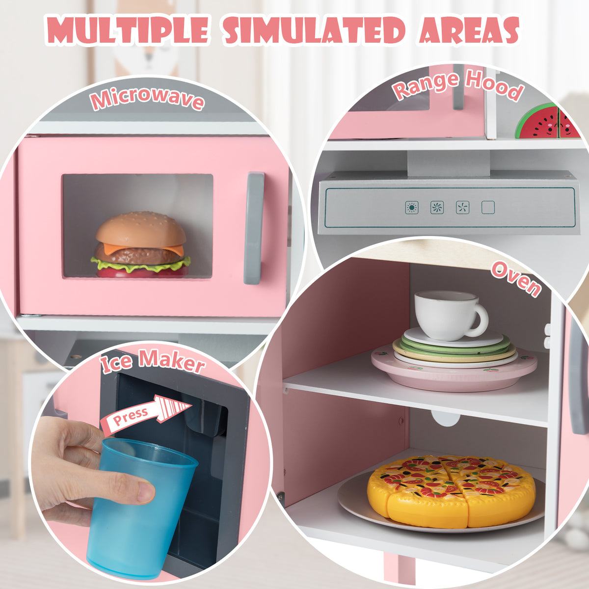 The play kitchen set showing close-ups of the microwave oven and ice maker