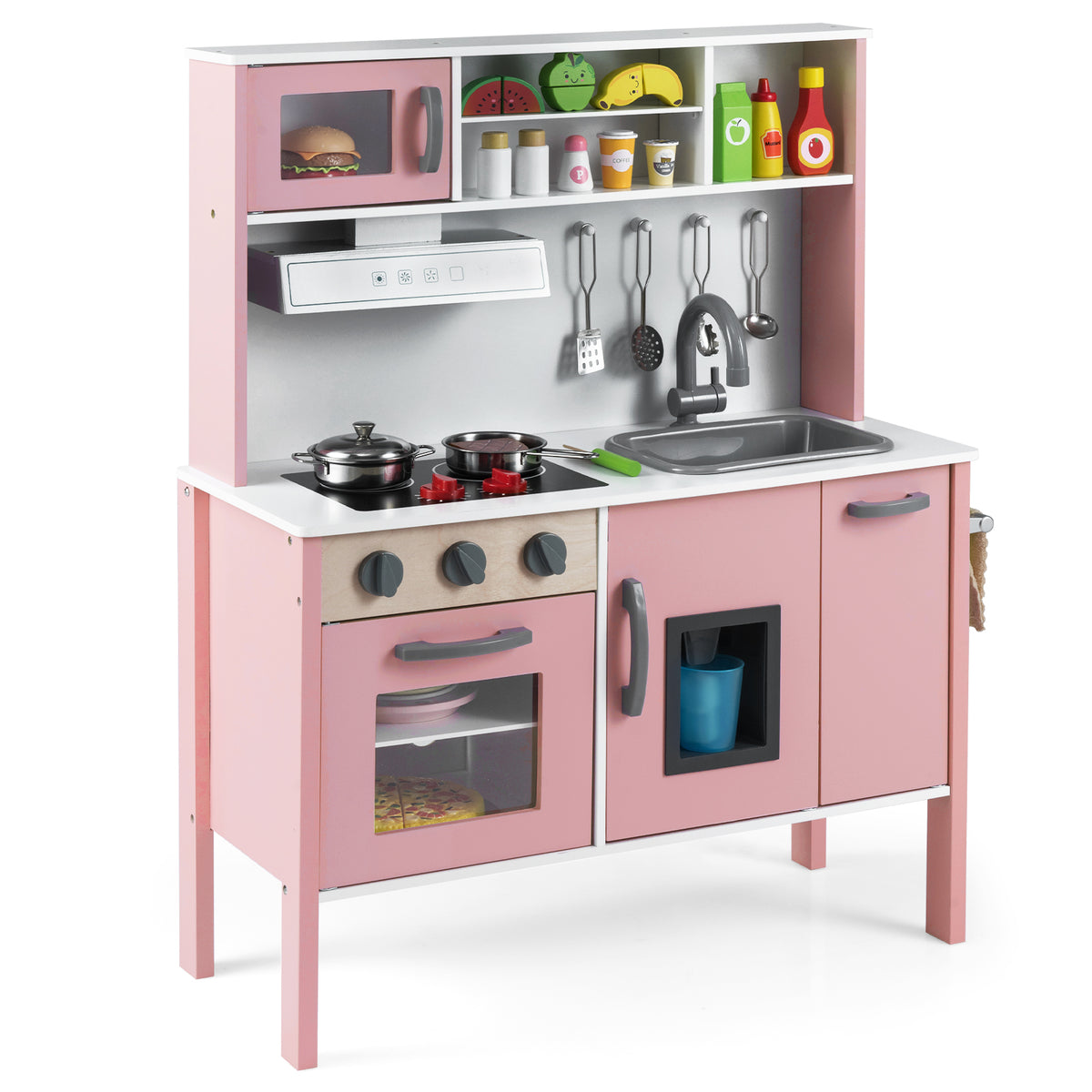 Wooden Kids Play Kitchen Set with Microwave Stoves Oven in light pink with accessories