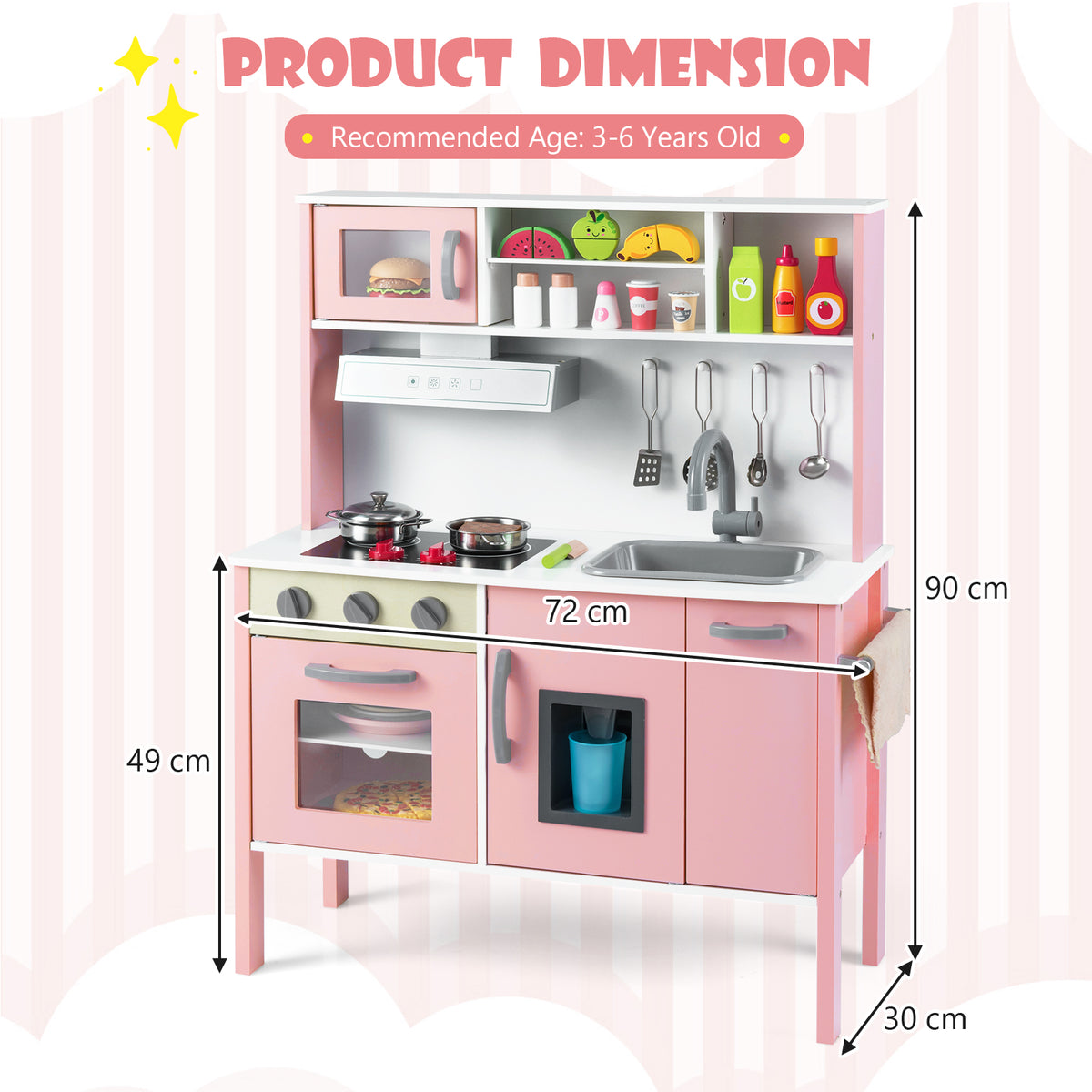 The play kitchen set showing height and width dimensions with labels