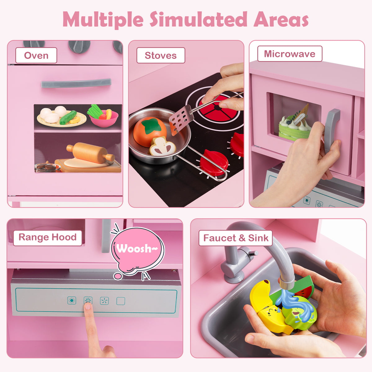 Close-ups of different features of the play kitchen set, including oven, stovetop, microwave, and sink