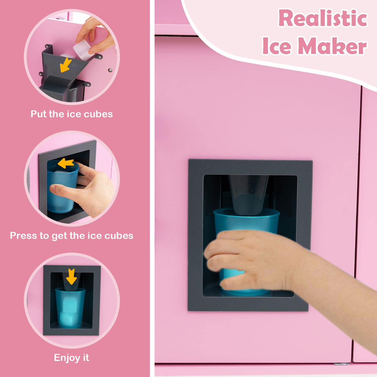 Instructions for using the realistic ice maker on the pink wooden play kitchen set