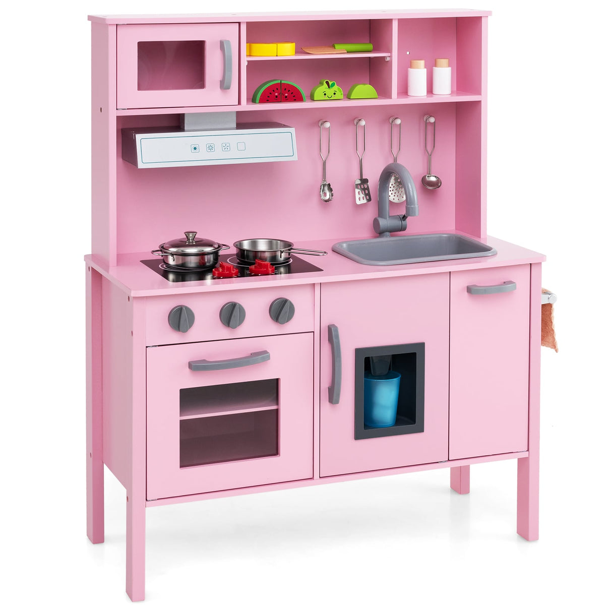 Wooden Kids Play Kitchen Set with Microwave Stoves Oven, a pink wooden play kitchen with microwave, oven, stovetop and sink