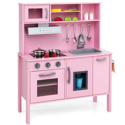 Wooden Kids Play Kitchen Set with Microwave Stoves Oven, a pink wooden play kitchen with microwave, oven, stovetop and sink