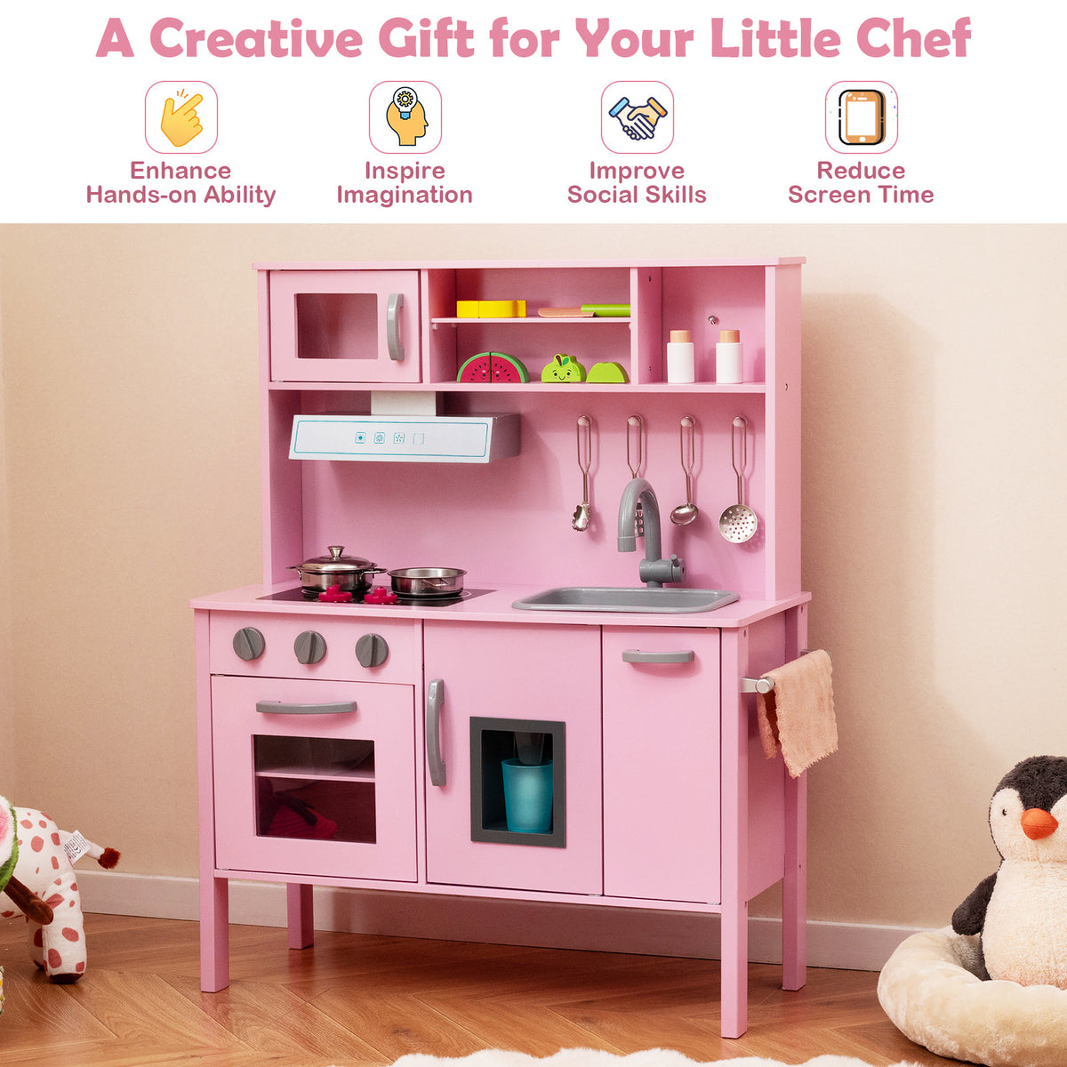 The pink wooden play kitchen set is shown with text highlighting its benefits for children