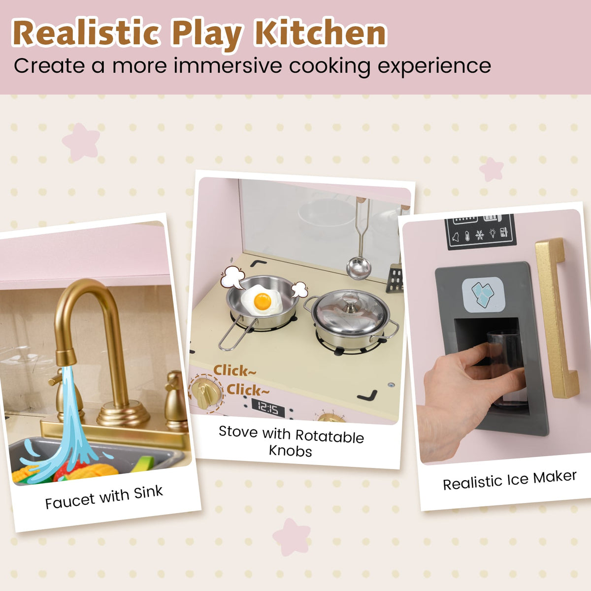 Close up details of the pink play kitchen including faucet and ice maker