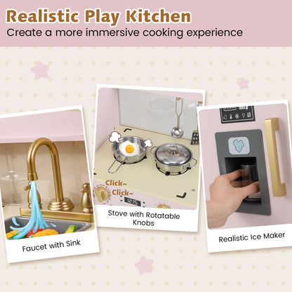 Close up details of the pink play kitchen including faucet and ice maker