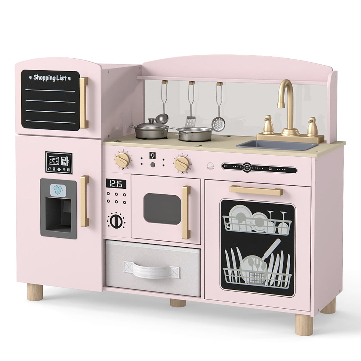 Wooden Kids Play Kitchen with ice maker and fabric drawer in pink