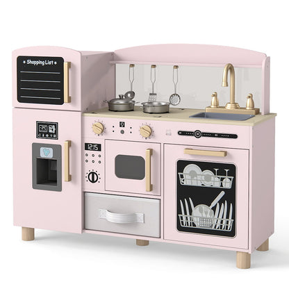 Wooden Kids Play Kitchen with ice maker and fabric drawer in pink