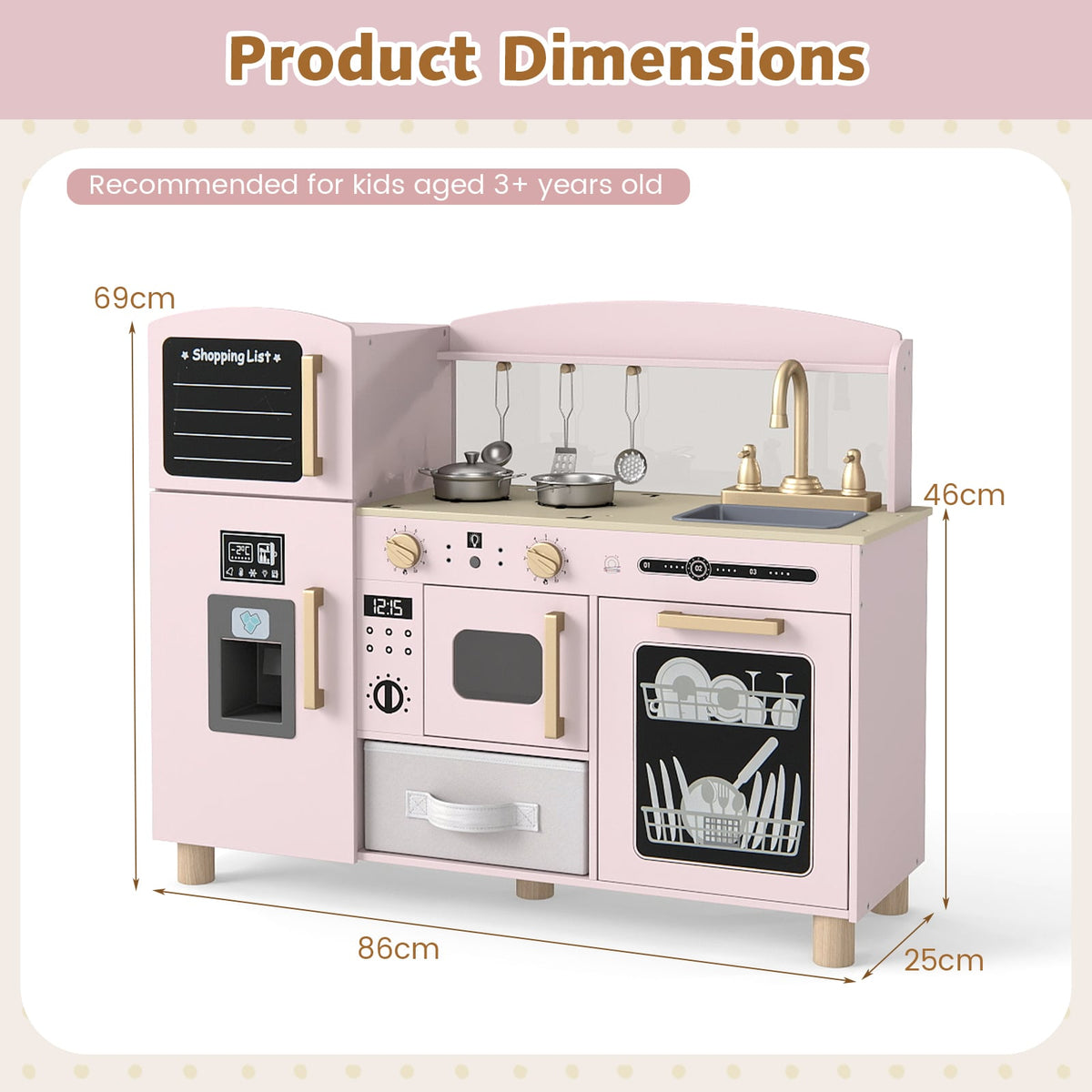 Dimensions diagram for the pink wooden play kitchen set