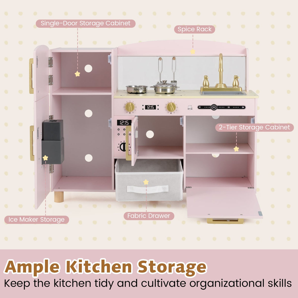 Open view of the pink play kitchen showing storage compartments